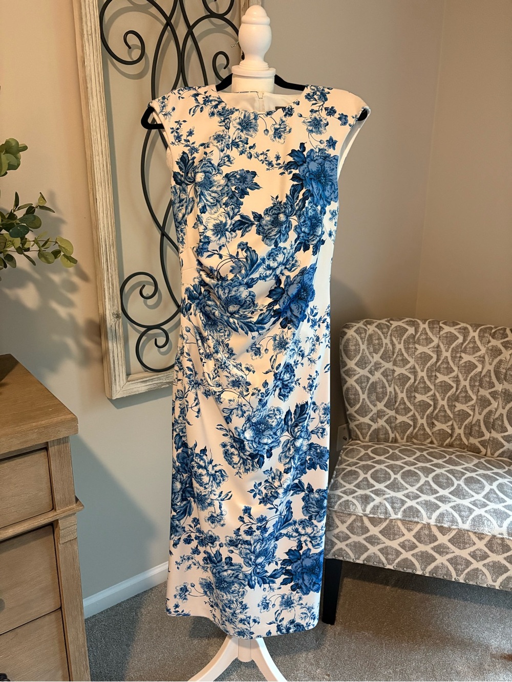 Vince Camuto White Maxi Dress with Blue Floral Print